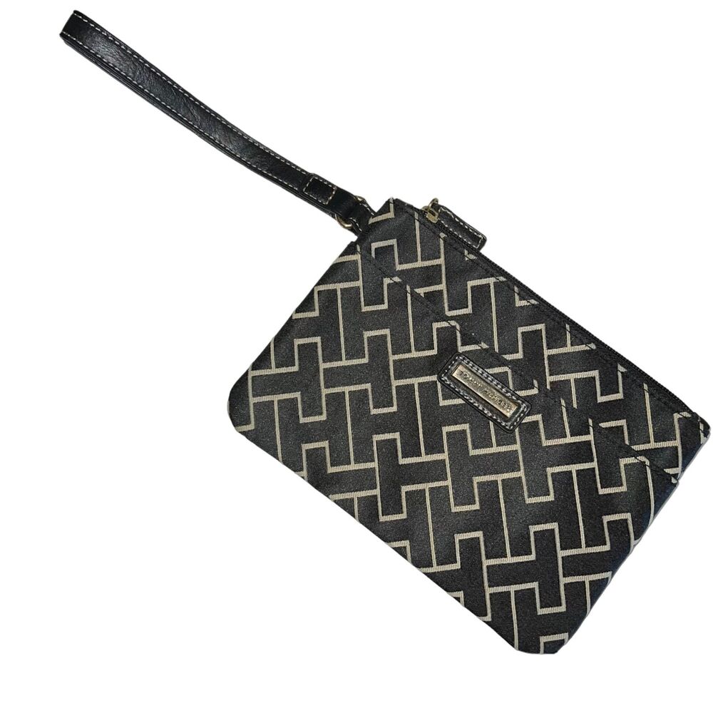 Tommy Hilfiger Womens Geometric Print Wristlet Wallet Clutch Bag Black Tan